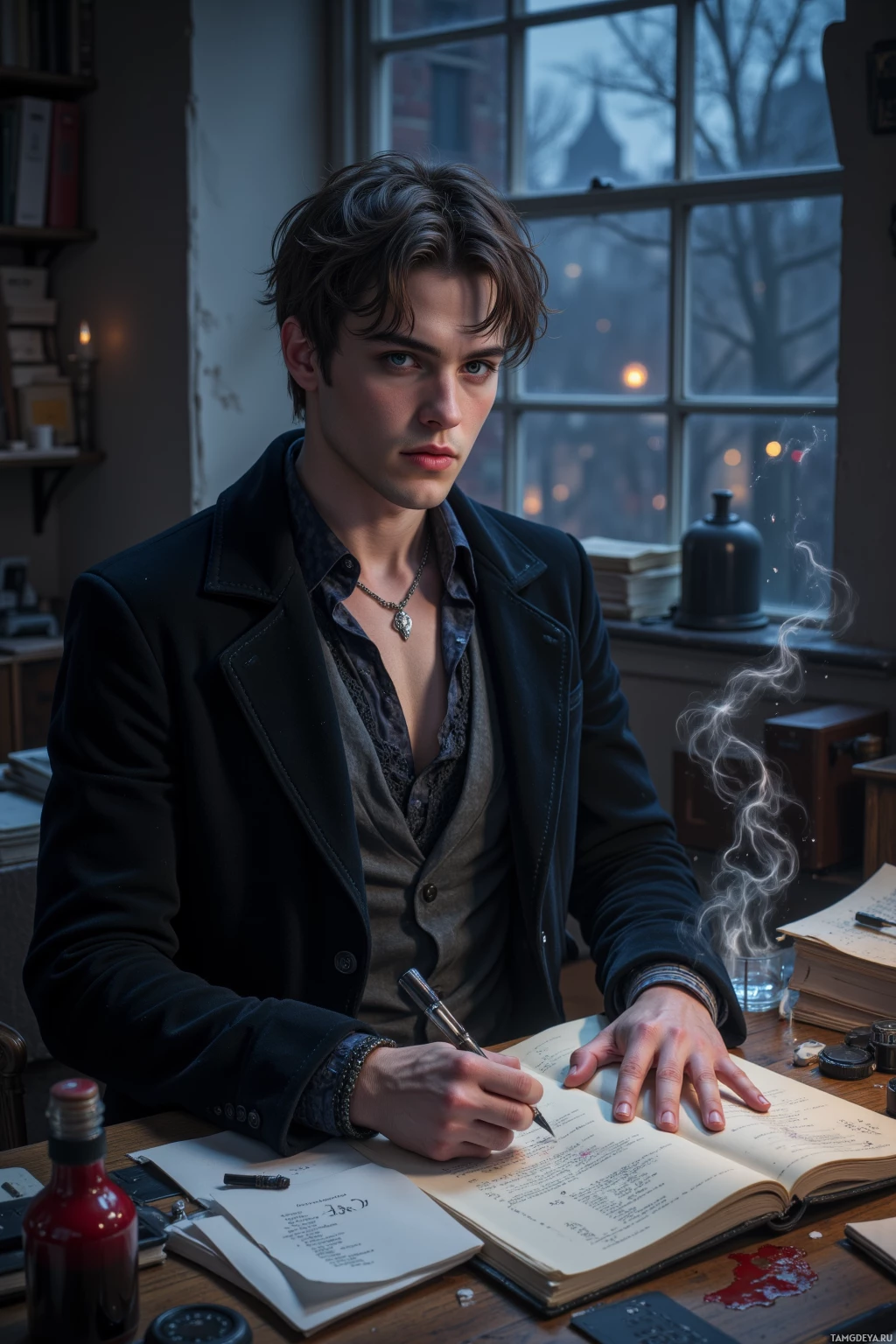 Молодой человек сидит за столом и пишет пером в блокноте.