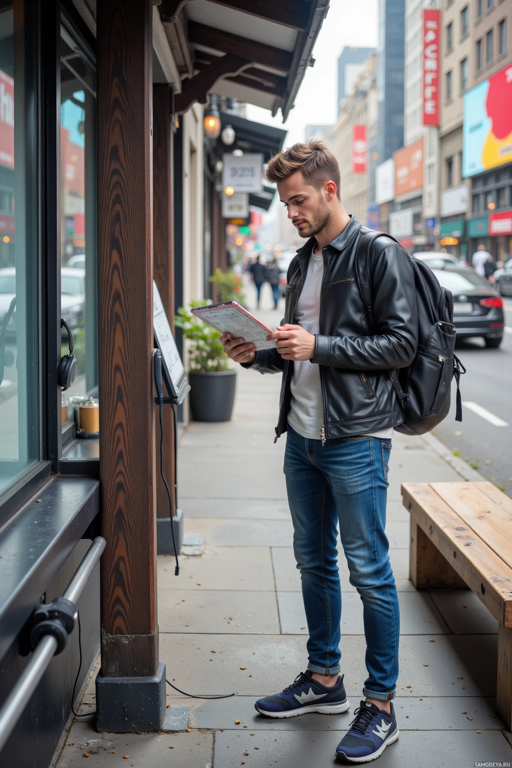 Мужчина стоит на тротуаре в городе и читает меню, приклеенное к витрине магазина.
