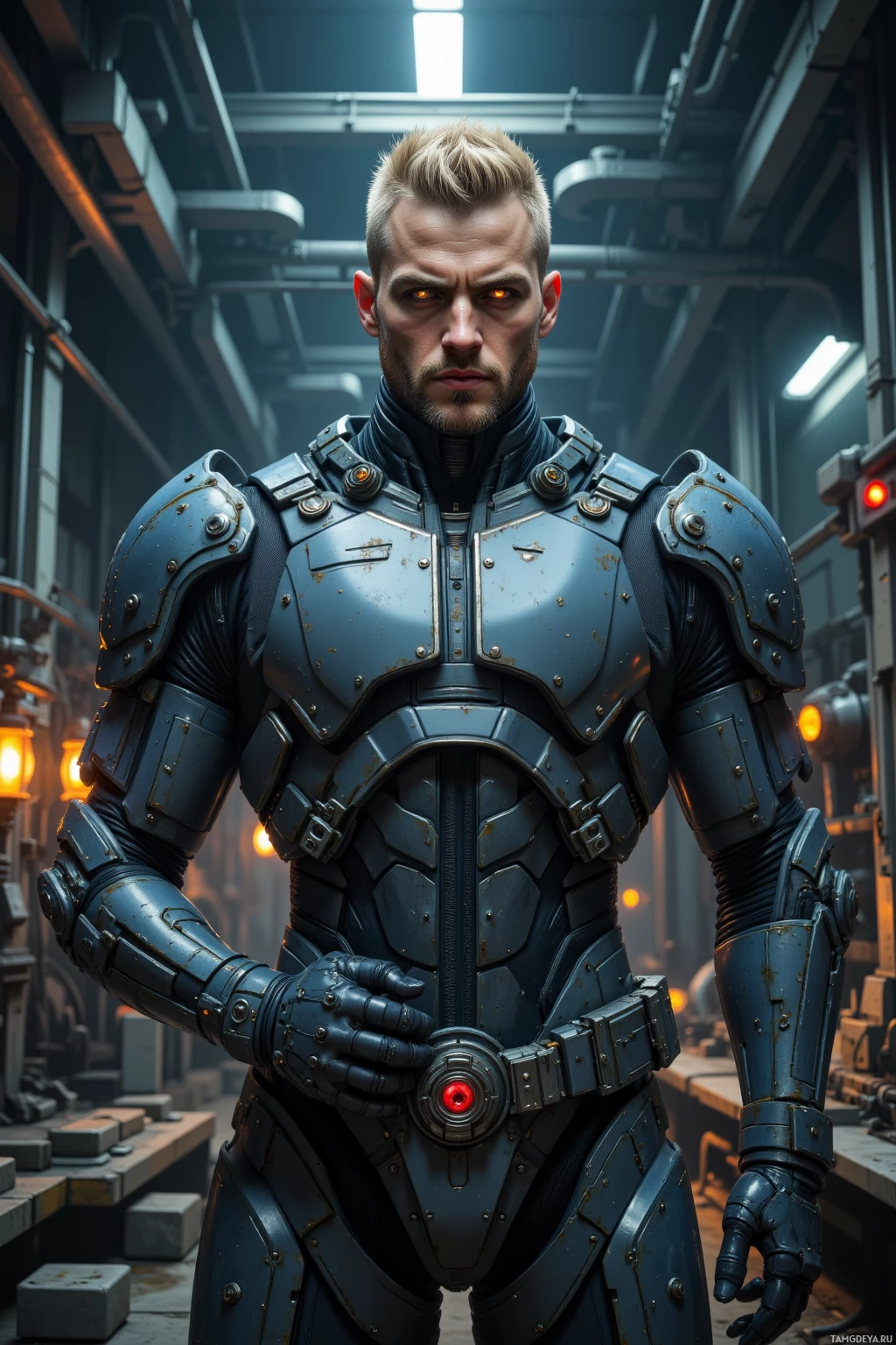 Realistic high quality photo. Male, 40, tall imposing cyborg with metallic body, sleek battle armor, short blonde undercut, glowing red eyes, stern expression, tightening bolts on a dimly lit maintenance platform surrounded by mechanical parts and digital calibration panels, lone and focused in a sci‑fi industrial setting at night.