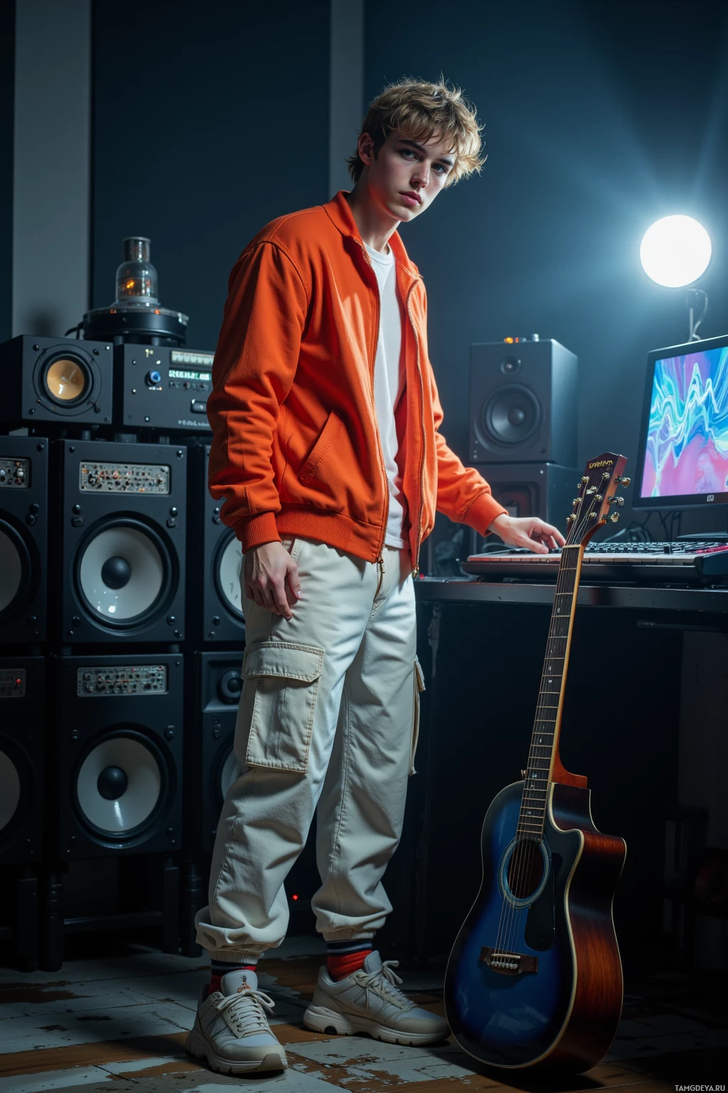 Молодой человек стоит в полумраке комнаты с гитарой, одетый в оранжевую куртку и бежевые брюки, вокруг него – музыкальное оборудование.
