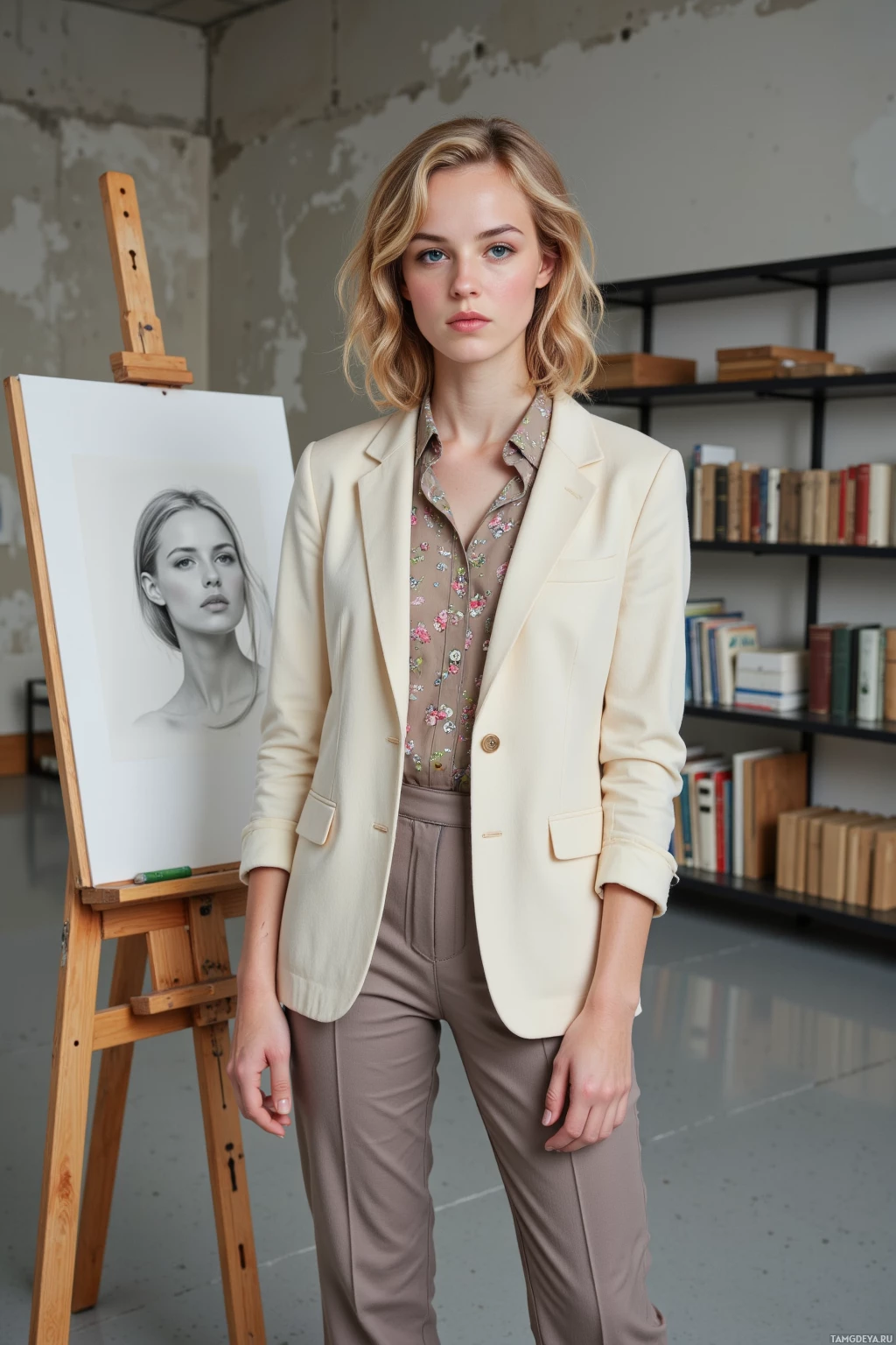 В комнате с мольбертом и книжными полками стоит женщина в бежевом блейзере и блузке с цветочным принтом.