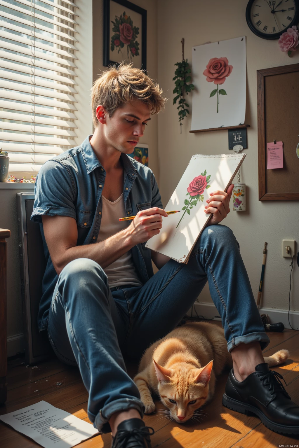 Человек сидит на полу и рисует розу карандашом.