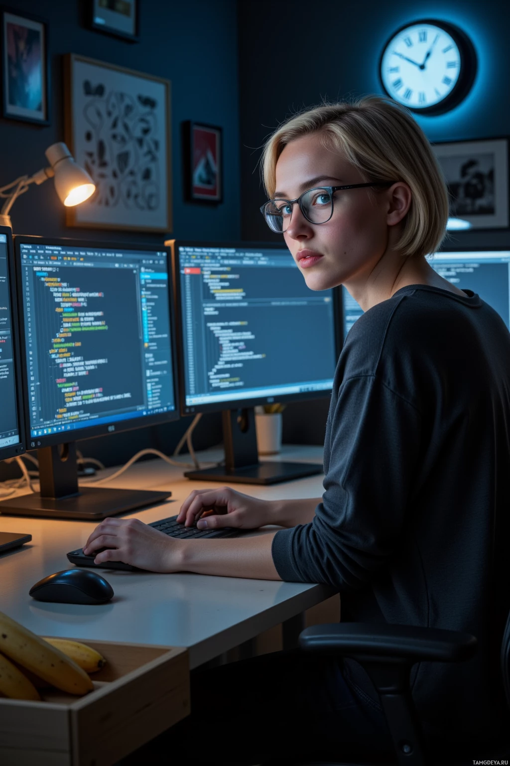 Человек в очках работает за столом, на нескольких мониторах которого отображается программный код.