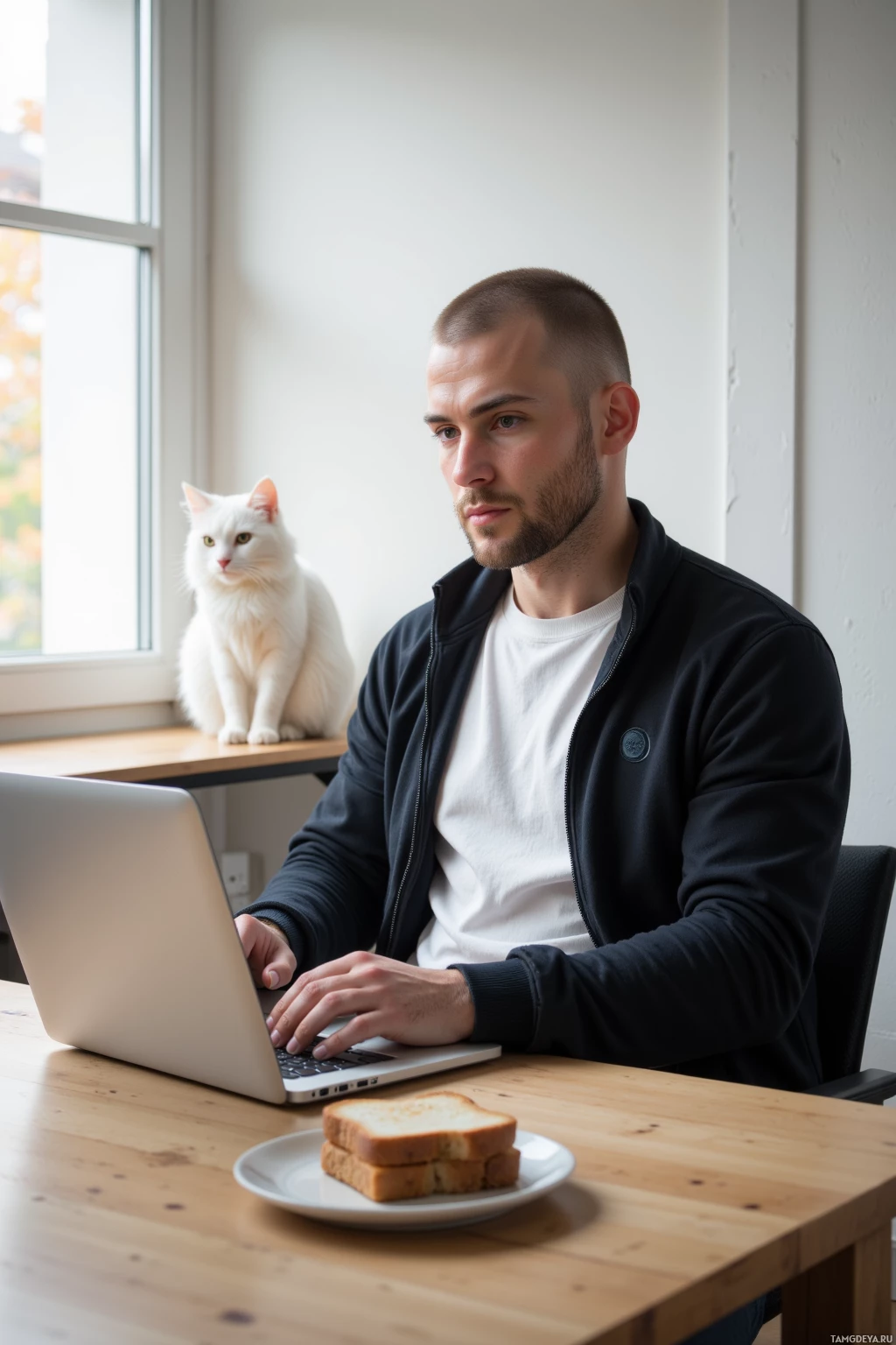 Мужчина работает за столом с ноутбуком, на подоконнике сидит белый кот, а перед ним - тарелка с тостами.