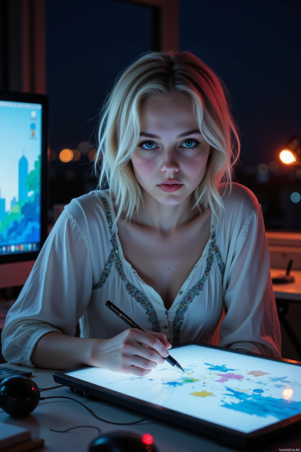 Человек сидит за столом и рисует стилусом на планшете, украшенном яркими брызгами краски.