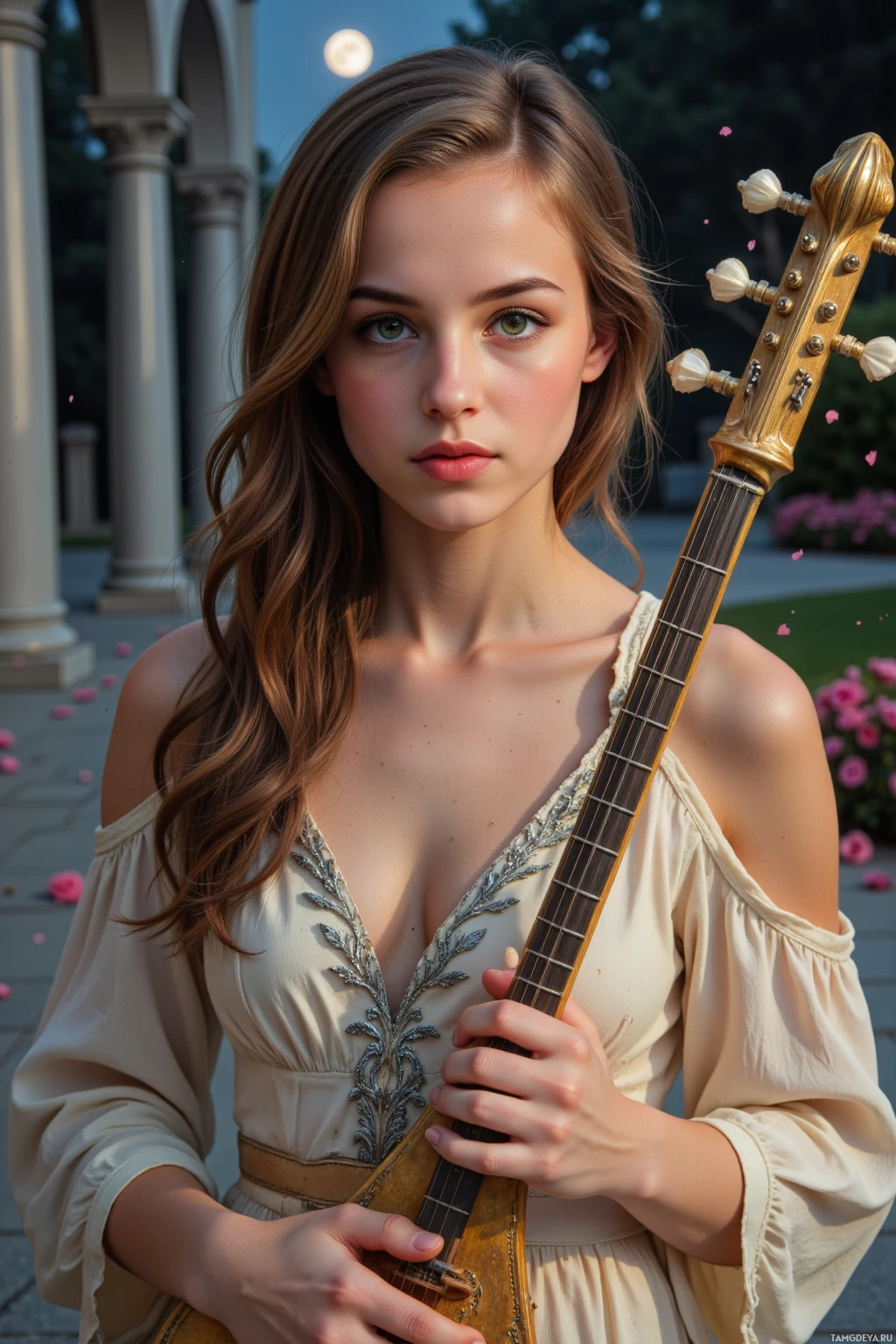 Женщина в светлом платье держит гитару, стоя в саду с колоннами и цветами.