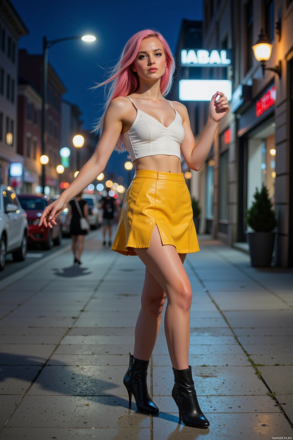 На ночной городской улице стоит девушка с розовыми волосами в белом топе и желлой юбке.