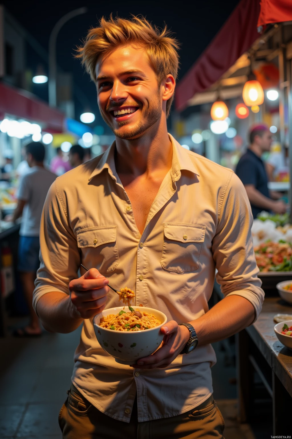 Мужчина улыбается, держа в руках миску с едой на ночном рынке.