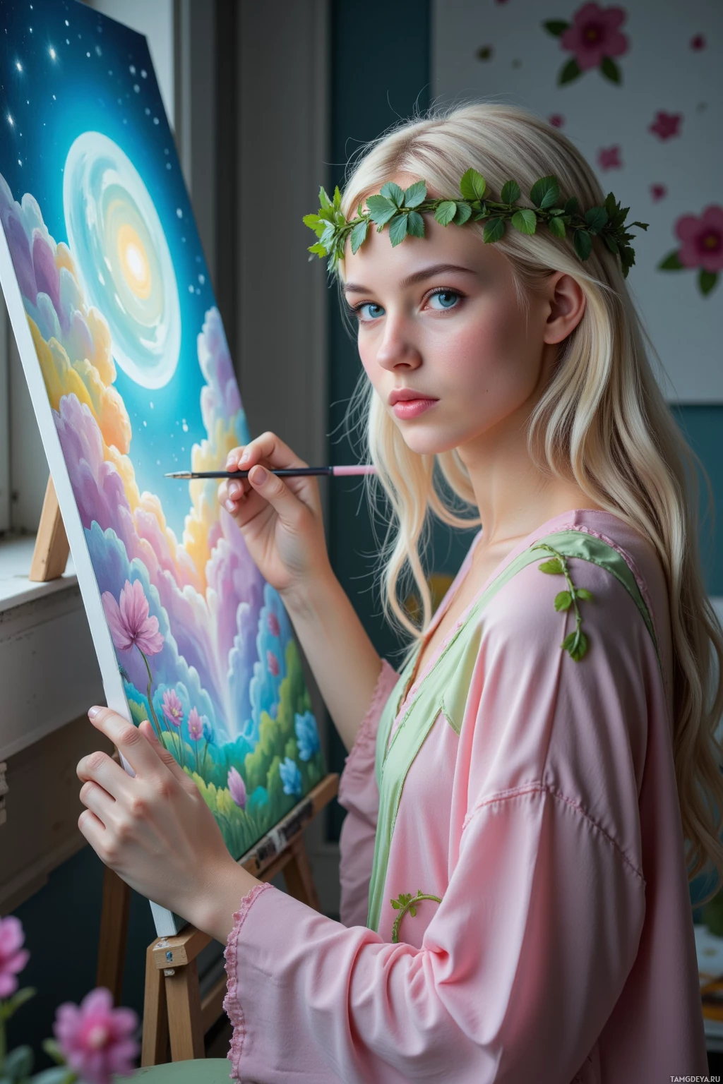 Человек в венце из листьев рисует яркий, красочный пейзаж на мольберте.