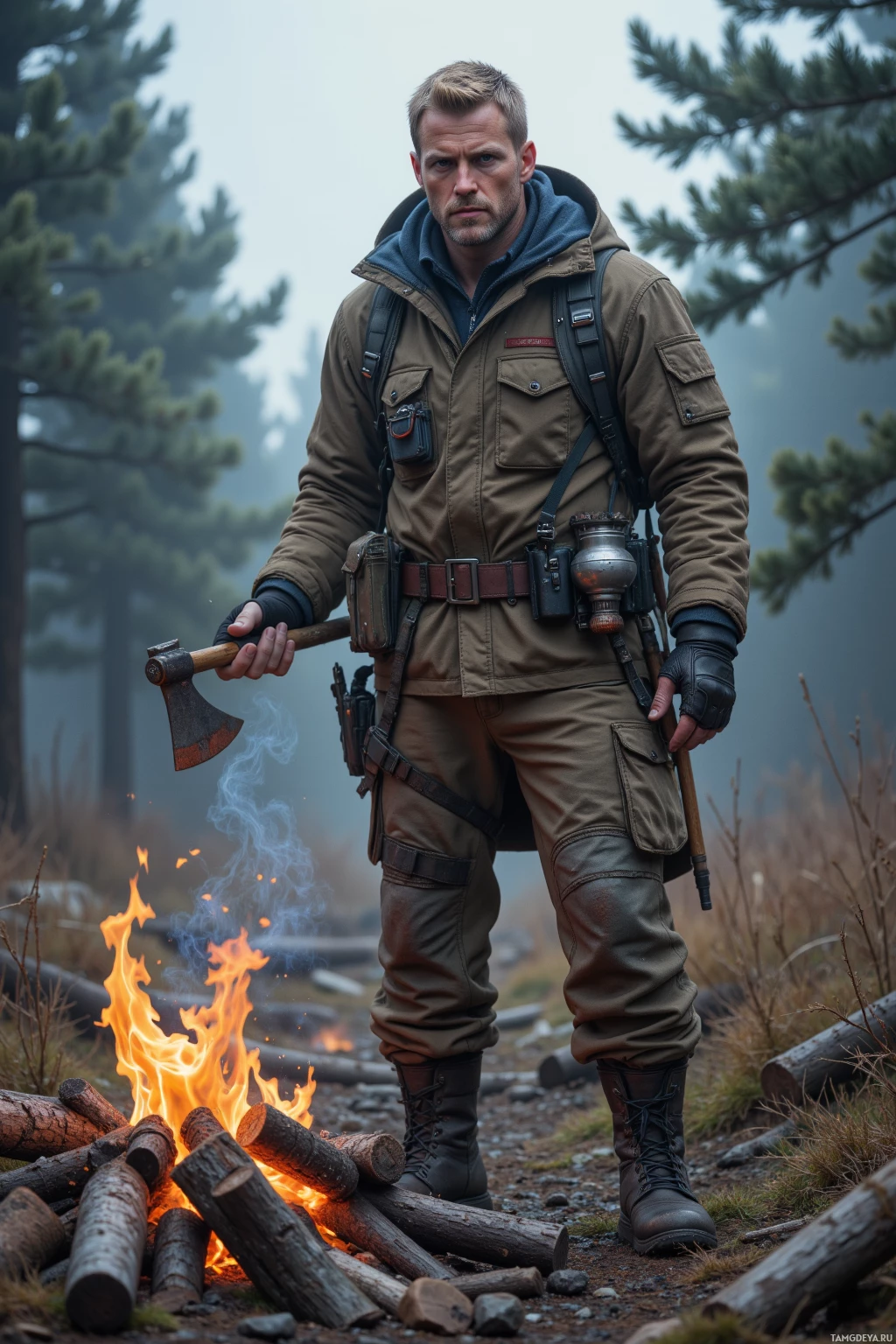 Мужчина в туристической экипировке стоит рядом с костром в лесу.