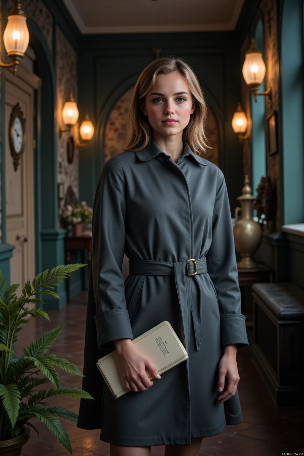 В коридоре стоит женщина, держа в руках книгу, одетая в темно-зеленое платье с поясом.