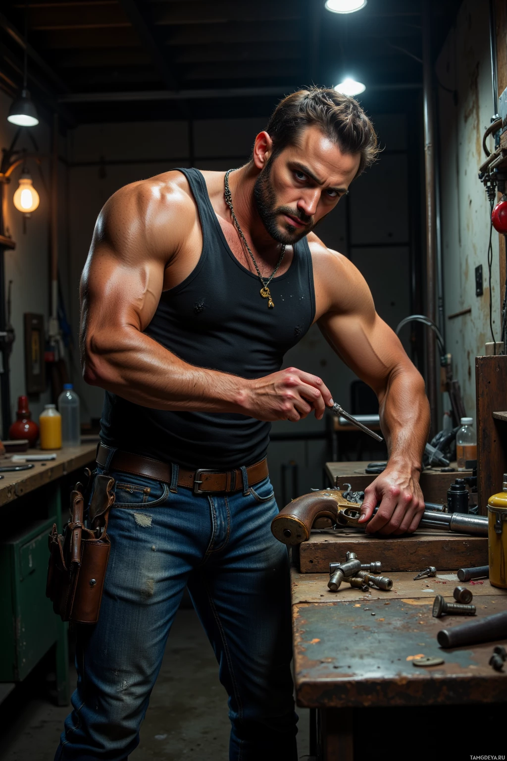 Мускулистый мужчина в майке и джинсах работает над револьвером в мастерской.