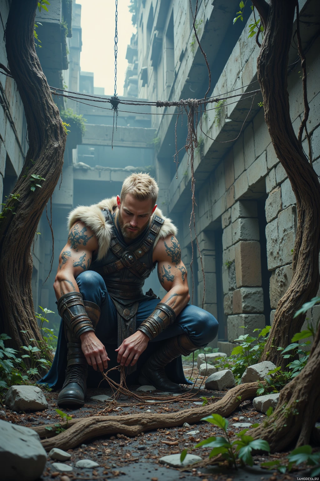 Realistic high quality photo. Muscular male, 31, dark blonde hair, blue eyes, pale skin, wearing fur-lined leather armor with metal accents and bone details, crouches in a post-apocalyptic forest clearing with crumbling concrete and twisted tree roots, arranging 50 intricate tripwires around a complex snare amid overgrown vines, dusk light filtering through the canopy.