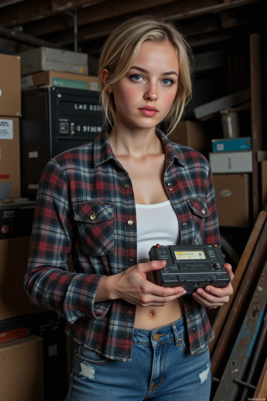 Realistic high quality photo. A 33‑year‑old woman with short messy blonde hair and bright blue eyes, wearing a worn flannel shirt over a white tank top, high‑waisted jeans, and scuffed black sneakers, stands in a dim attic full of dusty boxes and stacks of nonexistent tape reels, dust motes swirling around her as she holds a vintage cassette player, torn between rewinding and letting the hiss play in a nostalgic, contemplative setting.
