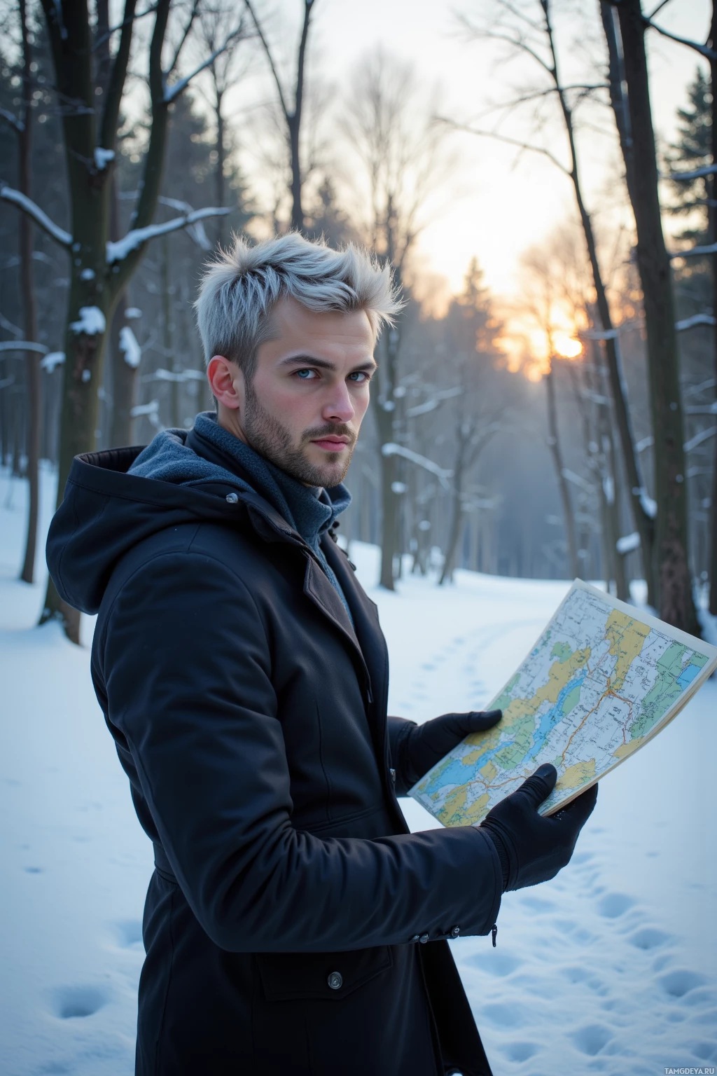 Realistic high quality photo. Male, 34, short silver hair, icy blue eyes, pale skin, wearing a sleek winter coat and gloves, stands on a fresh snow‑covered forest trail at dawn, studying the slope’s subtle changes with a folded map in hand as the faint glow of early light filters through the trees.