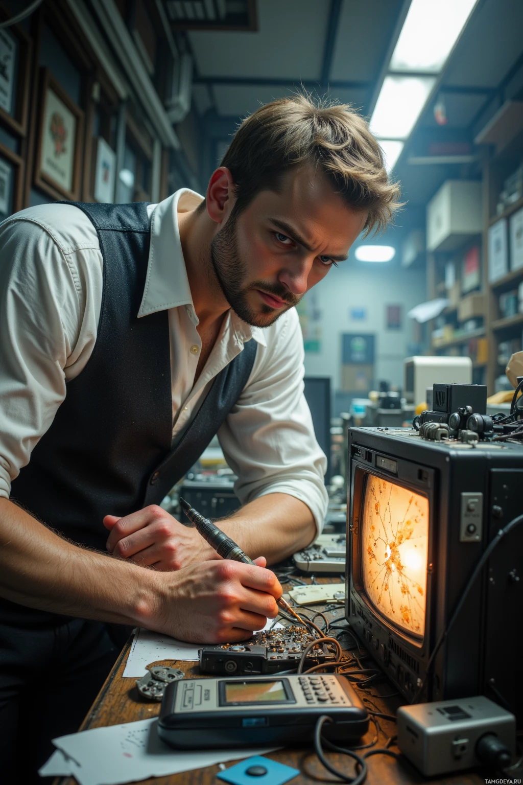 Realistic high quality photo. A 36‑year‑old man with short light brown hair, blue eyes, slender build, wearing a white shirt under a fitted vest and a flat cap, hunched over a cluttered desk under harsh fluorescent light, repairing a dusty Walkman with a soldering iron while a cracked LCD screen flickers, tangled wires and hints of burnt plastic surrounding him, his brows furrowed in focused frustration.