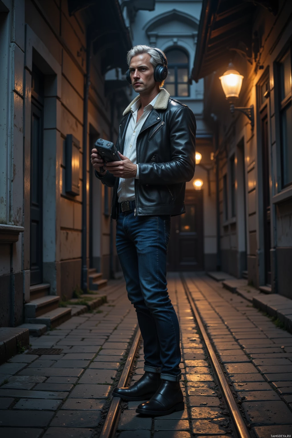 Realistic high quality photo. A slim 29‑year‑old man with silver hair, blue eyes, pale skin, wearing a leather jacket over a white shirt, dark jeans, and black boots, calmly standing in a quiet nighttime alley beside tram tracks, headphones on, holding a portable recorder as he captures the rolling brake squeal of a passing tram, surrounded by the faint hum of distant traffic and the muted silence of the empty street.