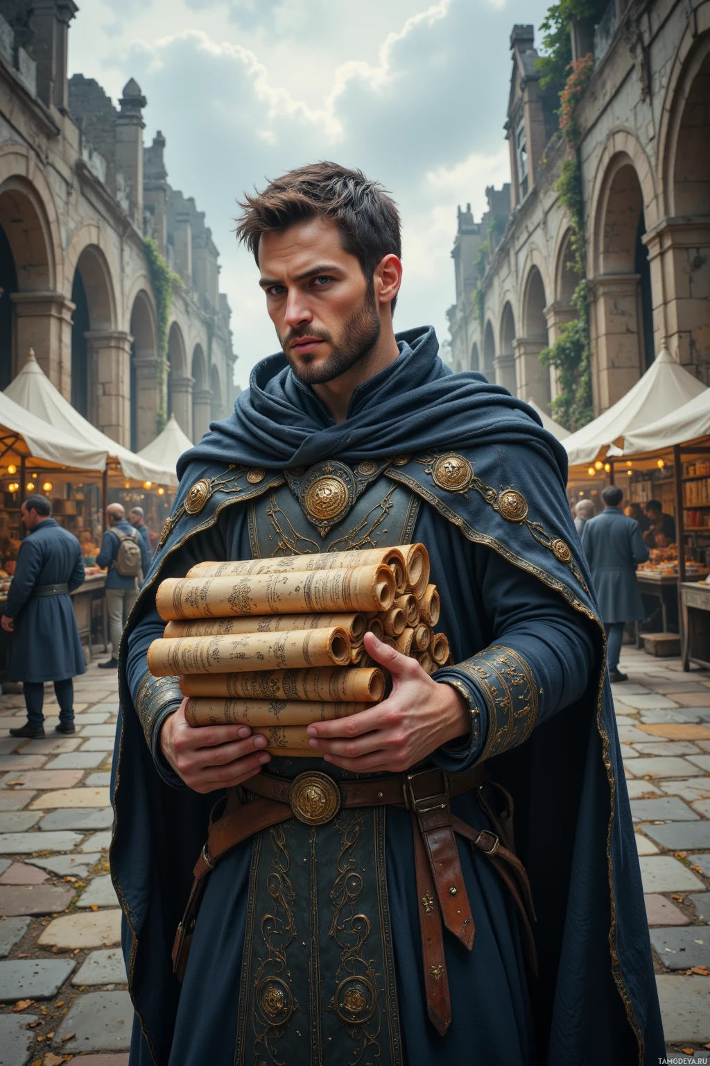 Realistic high quality photo. A tall 37‑year‑old man with short dark hair, piercing blue eyes, pale skin with a subtle tan, wearing a long cloak embroidered with ancient symbols, stands in a ruined citadel under an overcast sky clutching a heavy stack of ancient scrolls, while bustling market stalls and distant crowds ripple around him, his expression thoughtful and slightly aloof amid crumbling stone arches and ivy.