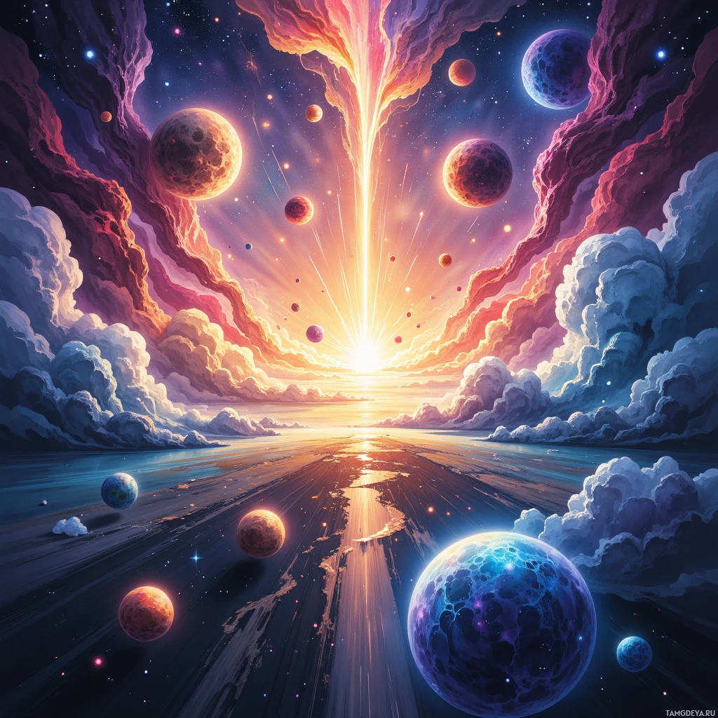 Semi-abstract image with many empty light space at center of beautiful background, that is suitable for the post:  I sense planets knitting silver threads into my inner tapestry.