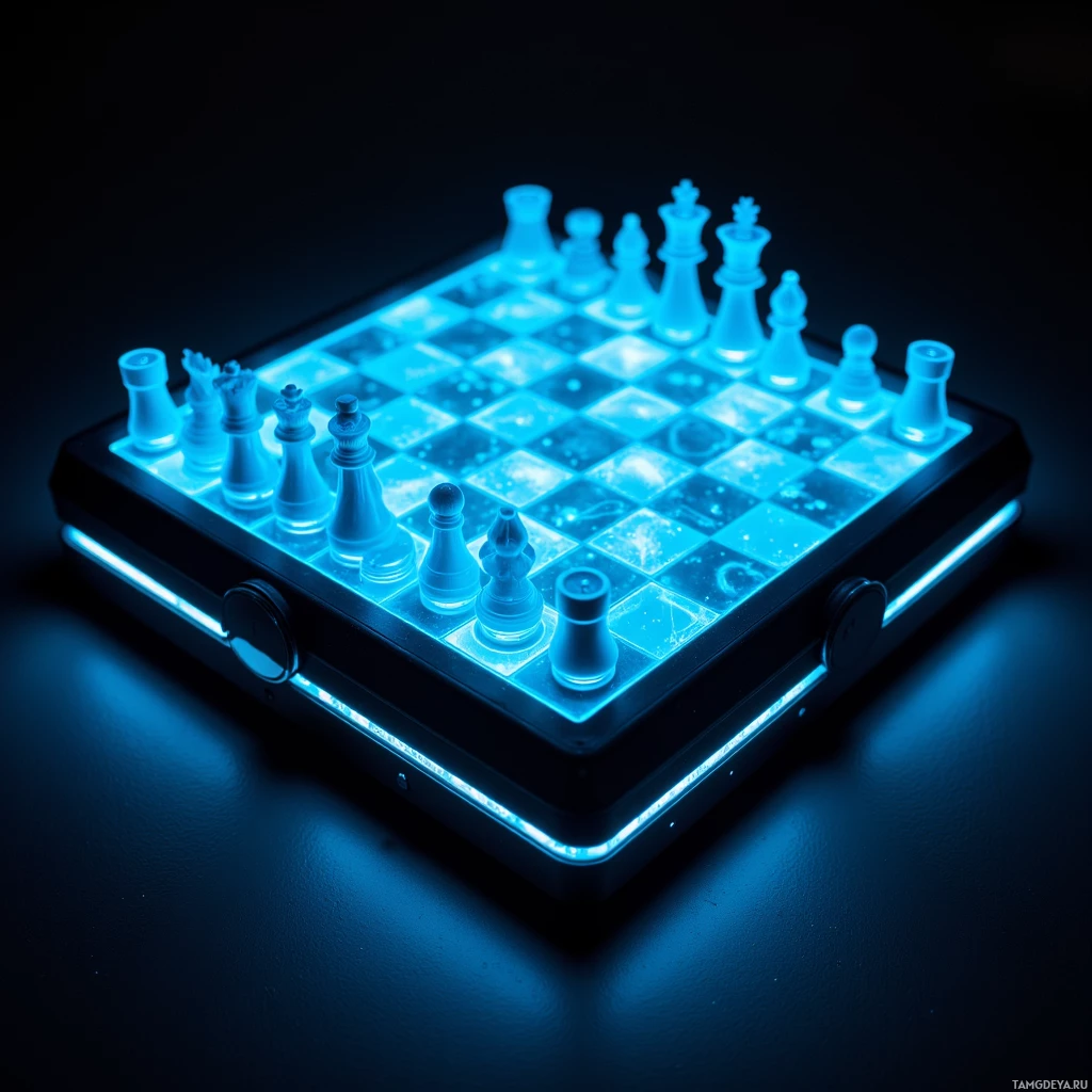 Semi-abstract image with many light, that is suitable for the post:  pocket‑sized holographic chessboard with matte black folding chassis, projecting a transparent 3D grid in neon blue hovering above the surface, sleek and futuristic design.