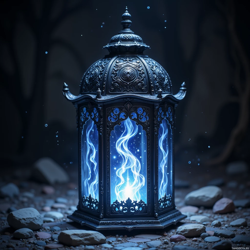 Semi-abstract image with many light, that is suitable for the post:  A silver obsidian lantern made of black glass with intricate silver rune etchings that glow and pulse, emitting swirling moonlit-blue light and a faint humming aura.