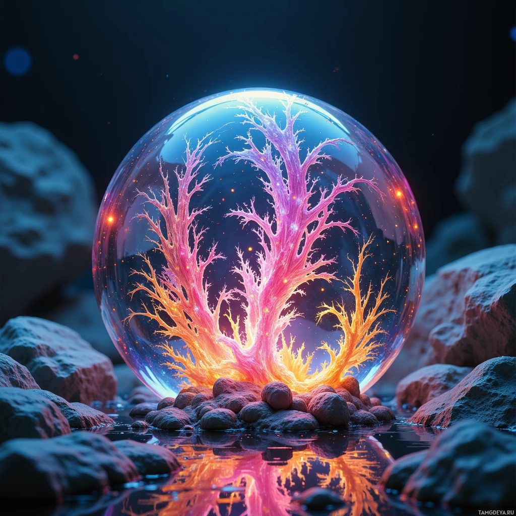 Semi-abstract image with many light, that is suitable for the post:  fist-sized translucent pearl‑like orb studded with iridescent micro‑filaments refracting every wavelength, surface shifting from matte to opalescent with temperature changes, housing a miniature hydrothermal vent ecosystem of chemoautotrophic bacteria emitting low‑frequency bio‑sonar, with glowing filaments and quantum‑precision data‑logging surface.