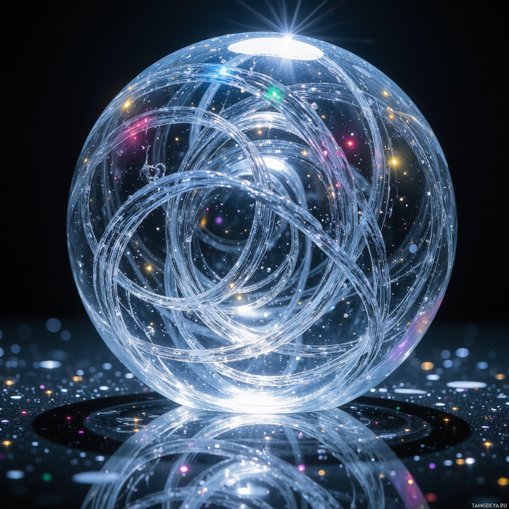 Semi-abstract image with many light, that is suitable for the post:  Translucent crystal Echo Lens with a polished glass shell etched in intricate micro‑fiber patterns that rearrange with sound, creating swirling iridescent light spirals around its cool, weighty surface.