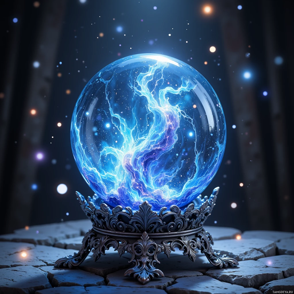 Semi-abstract image with many light, that is suitable for the post:  translucent crystal orb with swirling midnight blue and silver hues, delicate silvered moonstone filigree frame, subtle internal glow and gentle warm aura, holographic projection surface shimmering like a night moth's wings.