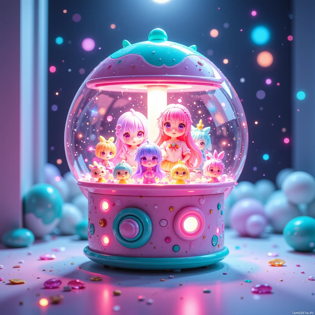 Semi-abstract image with many light, that is suitable for the post:  A tiny neon gacha capsule machine shaped like a spaceship, pastel pink metal body with glittery turquoise accents, a crystal‑clear dome displaying holographic anime figures, a small button, and a smooth surface that color‑shifts from sunrise pink to turquoise glow.