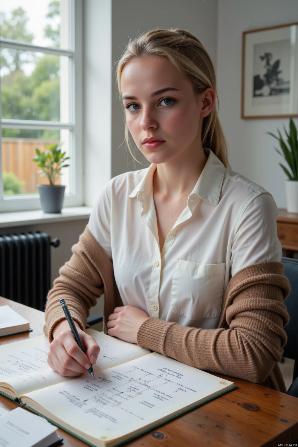 Realistic high quality photo. Female 22-year-old woman with long blonde hair tied back, bright blue eyes, fair glowing skin, wearing a white blouse, dark blue jeans, simple brown cardigan, seated at a wooden desk in a modern home office, sketching algorithmic flowcharts on a dusty notepad while rain drips against a large window, afternoon light casting a soft glow, she pauses with a thoughtful expression, pencil in hand, reflecting on a legal precedent.