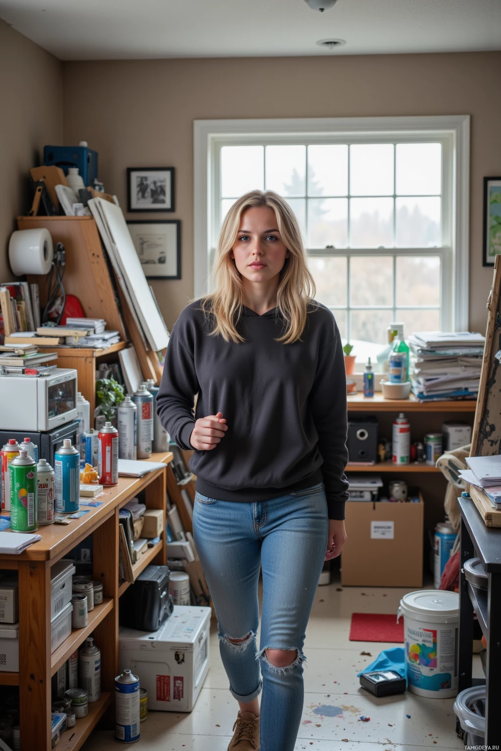 Realistic high quality photo. Woman, 28, shoulder‑length blonde hair, bright blue eyes, fair skin, wearing a casual hoodie and jeans, energetically moving through a cluttered living room turned chaos laboratory filled with spray paint cans, sketchpads, and a towering stack of unsent scripts, with midday light filtering through a window.