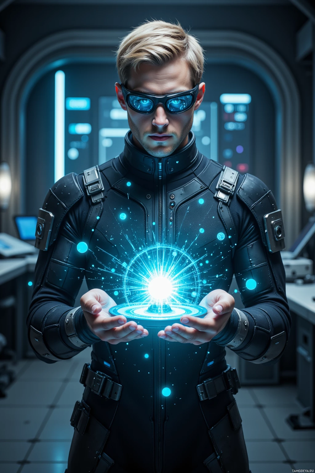 Realistic high quality photo. Male, 35, short light blonde hair, piercing blue eyes, pale skin, black jumpsuit with metallic accents, high‑tech goggles, glowing cybernetic wrist device, standing in a dimly lit quantum lab, teaching a glowing quantum server core surrounded by floating holographic data streams, focused and disconnected, futuristic consoles in the background.