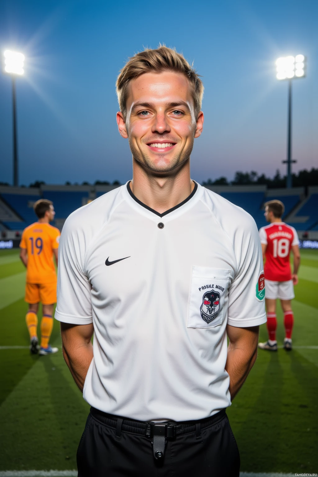 Realistic high quality photo. Athletic male referee, 30, short blonde hair, bright blue eyes, fair complexion, smiling, wearing a white referee shirt, black pants, whistle, standing center of a soccer field at dusk with stadium lights, two teams in colored jerseys on either side, calm authoritative stance.