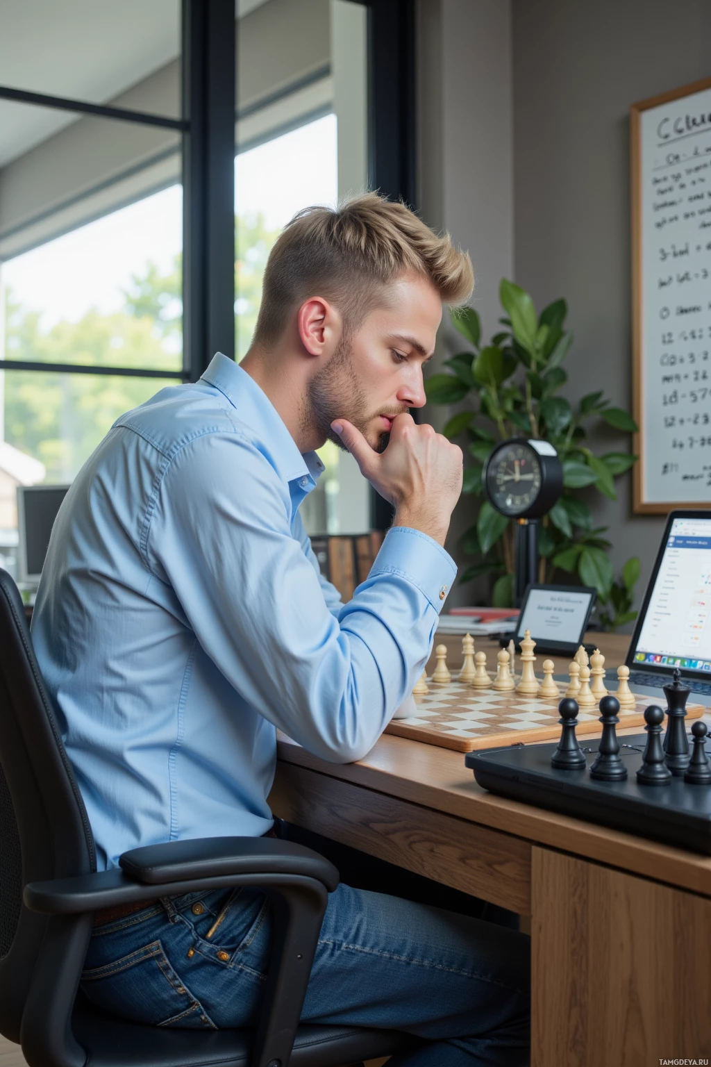 Realistic high quality photo. A 33-year-old man with short blonde hair, calm blue eyes, in a light blue dress shirt and dark jeans, studying a chess board and a chess clock at a desk in a modern home office, surrounded by a laptop displaying a spreadsheet and a whiteboard with calculations, exuding focused methodical intensity.