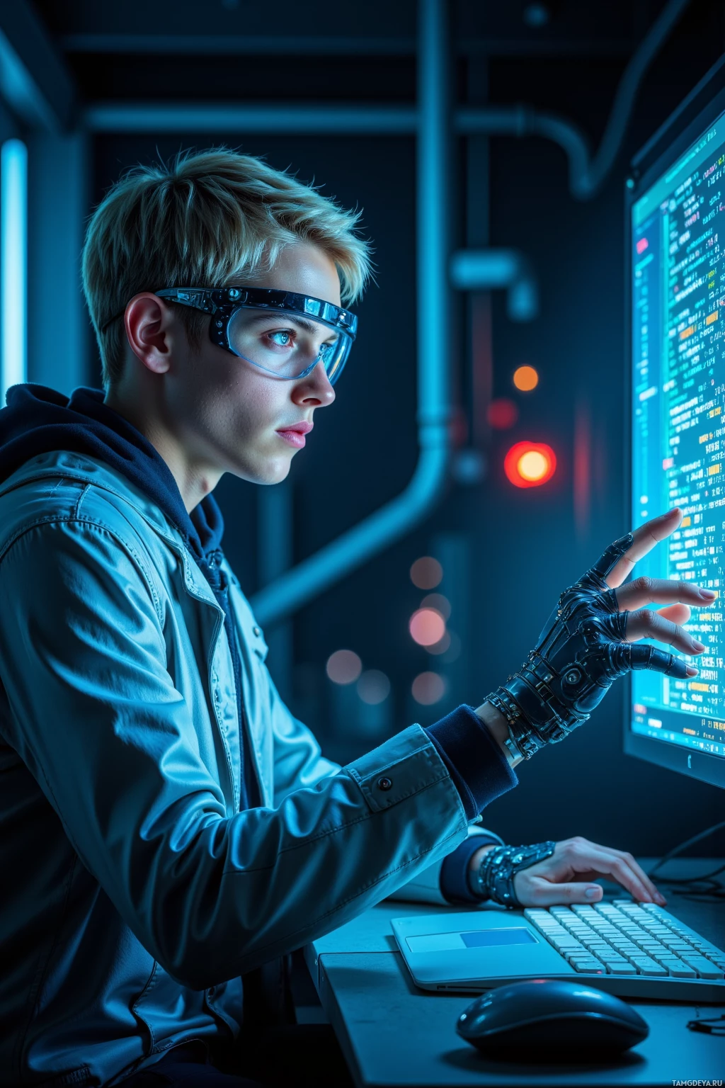 Realistic high quality photo. 29‑year‑old male with short blonde hair, blue eyes, sharp jawline, wearing a silver jacket, digital visor, and glowing blue gloves, sitting in a dimly lit robotics lab at night, typing code onto a glowing monitor while lines of binary code float around him.