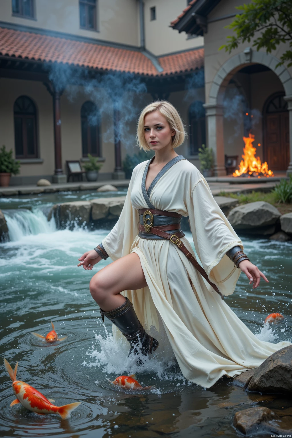 Realistic high quality photo. Female 21‑year‑old warrior with short blonde hair, striking blue eyes, fair glowing skin, wearing a flowing white robe with silver trim and sturdy boots, dancing in a rushing river with swirling koi, then striking a fierce pose against the fire clan in a courtyard with charred kitchen walls, while a smoldering campfire with burnt toast scent lingers, in twilight fantasy.