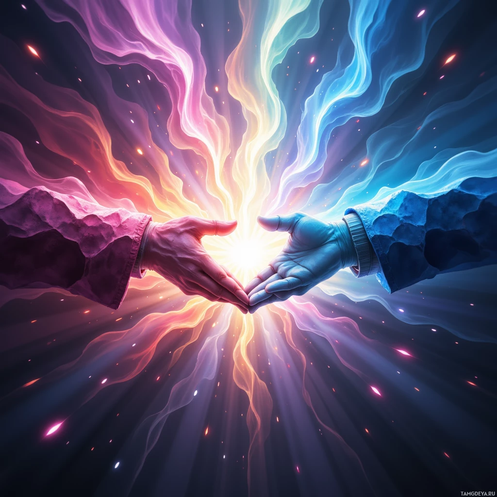Две руки тянутся друг к другу, излучая яркий, красочный свет.
