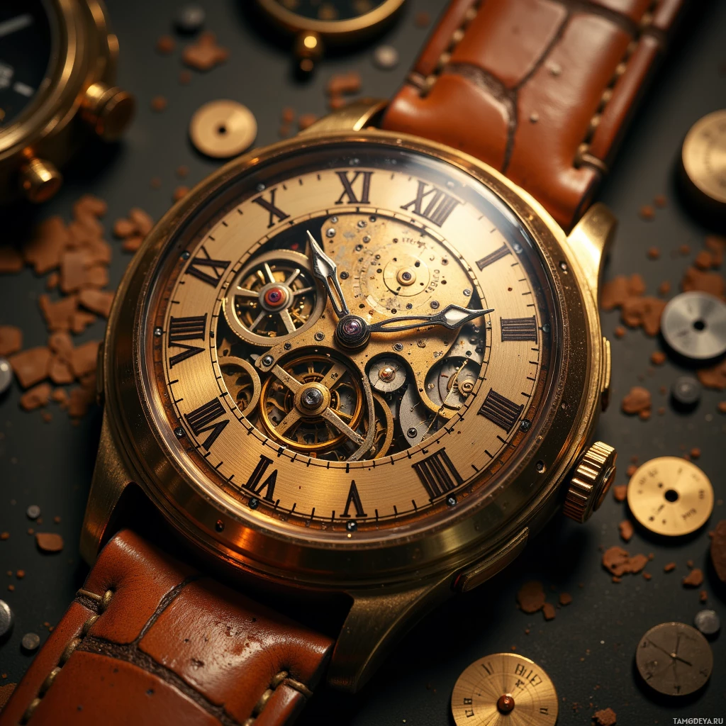 Semi-abstract image with many light, that is suitable for the post:  1920s brass case watch with a polished brass dial showing tiny visible gears, delicate brass hour hands, and a weathered brown leather strap, rendered with fine detail and subtle patina.