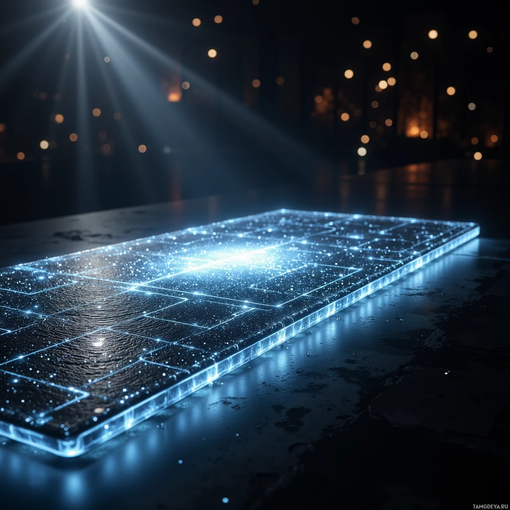 Светящийся, футуристический прямоугольный объект со сложными узорами и световыми лучами на темном фоне.