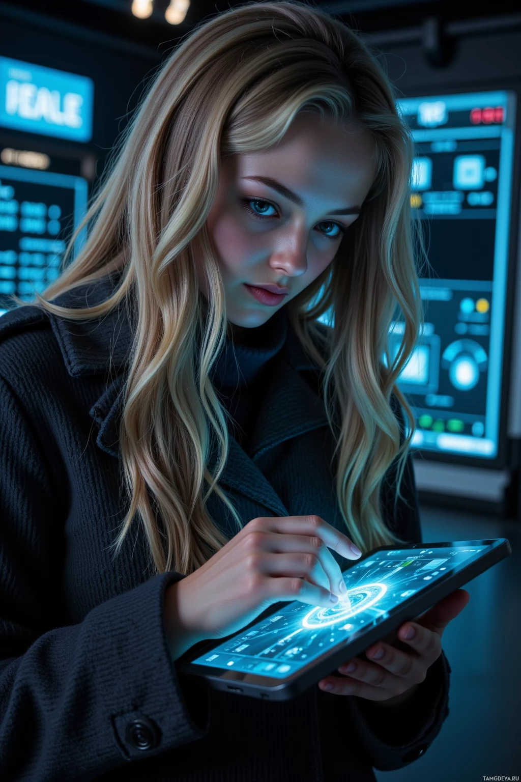 Realistic high quality photo. female, 30, long curly blonde hair, blue eyes, fair skin, feather-patterned coat, tablet in hand, calibrating quantum pulses on a Lattice Key in a dark futuristic control room illuminated by holographic encrypted message displays, late night, focused.