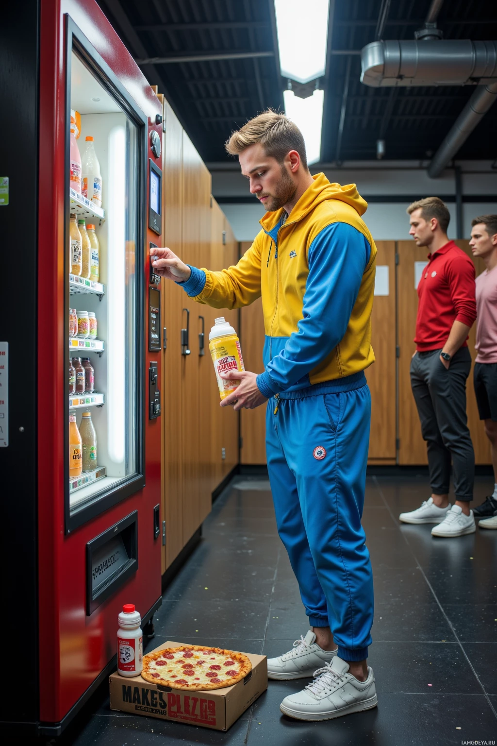Realistic high quality photo. A 24‑year‑old man with short blonde hair and blue eyes, wearing a bright windbreaker, loose athletic pants, and white sneakers, standing in a fluorescent‑lit gym locker room, pushing the red button on a vending machine while a pizza box and a protein shake bottle sit beside him, with teammates debating over pizza order in the background.