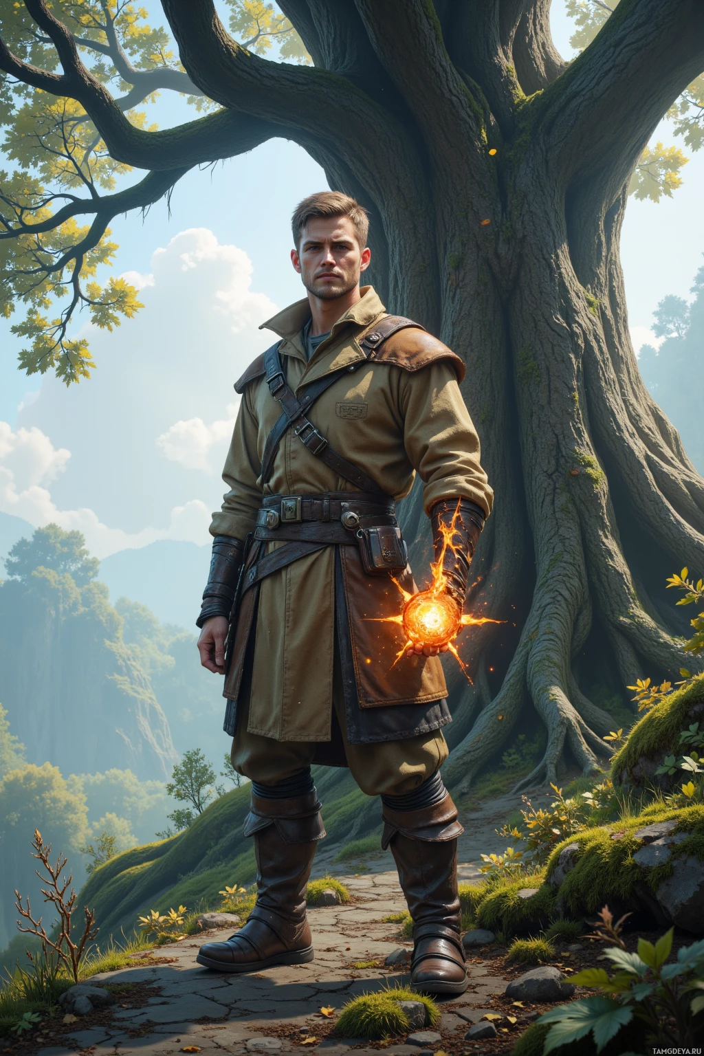 Realistic high quality photo. A lean 26‑year‑old male scout with short light brown hair, piercing blue eyes, weathered fair skin, wearing a rugged leather tunic and sturdy boots, standing on a misty ridge beside a massive oak with exposed roots, a glowing rune on his wrist and faint etched runes on the bark, wind swirling leaves around him, his face shows a subtle grin.