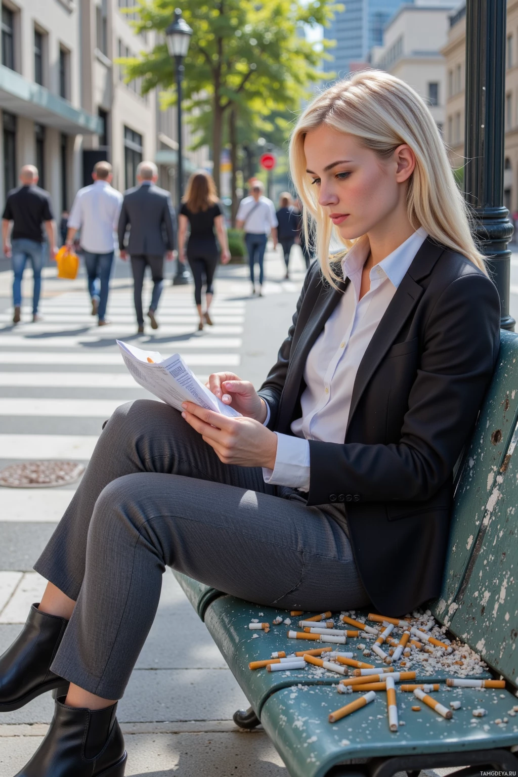 Realistic high quality photo. A late 31‑year‑old woman with white‑blonde straight hair and green eyes, wearing a fitted black blazer, white blouse, slim gray trousers, and black ankle boots, sits on a city bench under a lamppost shade at 4:12 PM, cataloguing 37 cigarette ash types on a plastic bench while decrypting a slip, with a busy crosswalk showing intricate pedestrian micro‑gesture traffic patterns.