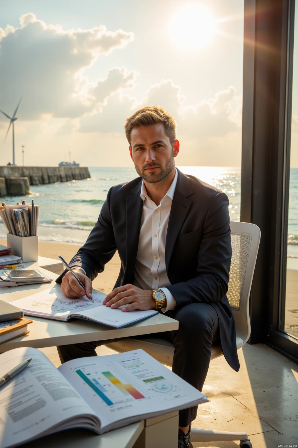 Realistic high quality photo. A 31‑year‑old man with short light blonde hair, striking blue eyes, crisp white shirt, slim‑fit trousers, black blazer, and gold watch sits at a modern office desk bathed in warm afternoon sun reviewing clean‑energy venture notes, then walks along a sunlit pier beside gentle waves while studying a risk profile notebook.