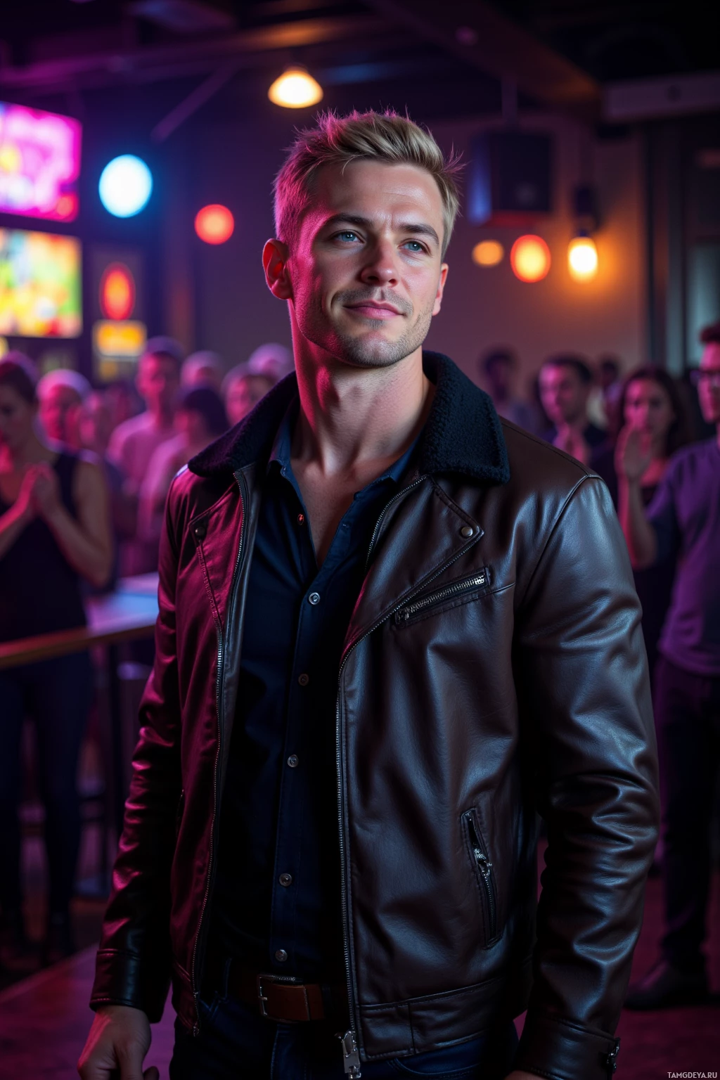 Мужчина в кожаной куртке стоит в полумраке бара, на заднем плане видны люди.