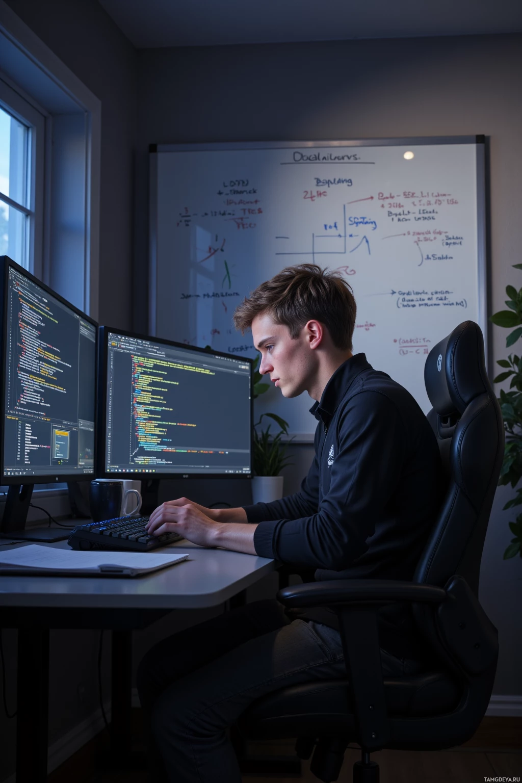 Человек работает за столом с двумя мониторами компьютера, на которых отображается код, перед белой доской с диаграммами и заметками.