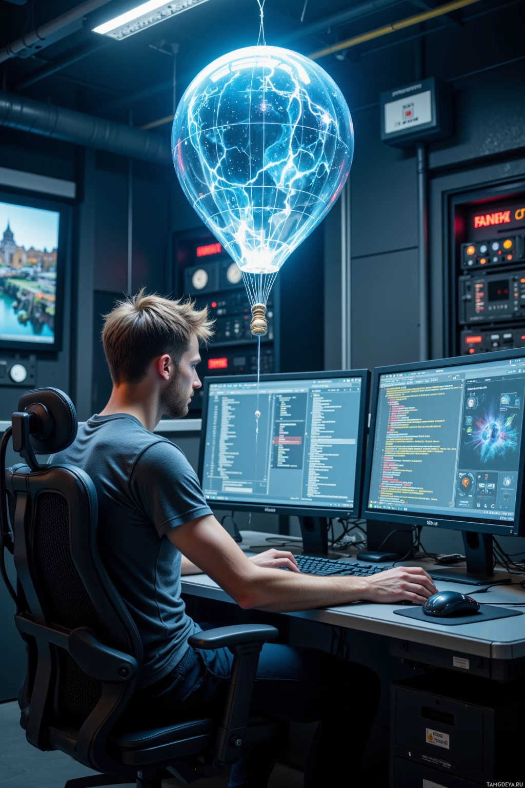 Человек сидит за столом и работает на компьютере с двумя мониторами, над головой у него парит светящийся, футуристичный объект, похожий на воздушный шар.