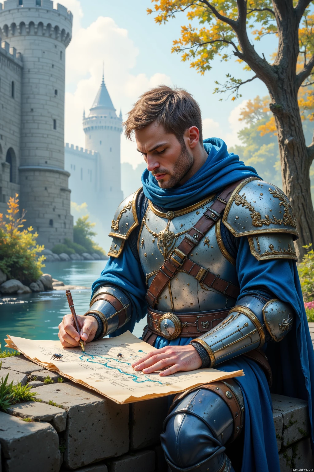 Рыцарь в доспехах сидит у замка и пишет на пергаменте.
