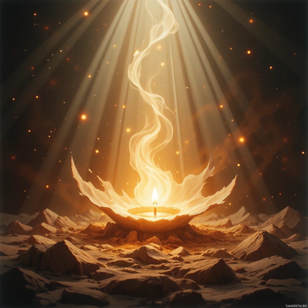 Среди каменистого пейзажа горит светящаяся свеча, извергая лучи света.