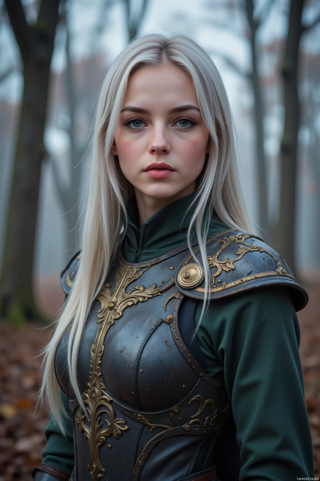 Realistic high quality photo. A slender 23‑year‑old woman with sleek straight silver hair, piercing green eyes, porcelain skin, wearing lightweight intricately detailed armor, standing calmly in a misty forest clearing at twilight with elongated shadows, her posture poised and watchful among tall trees.